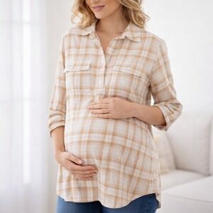 Old Navy Maternity Flannel Tunic Shirt Tan White Plaid Long Sleeve Small